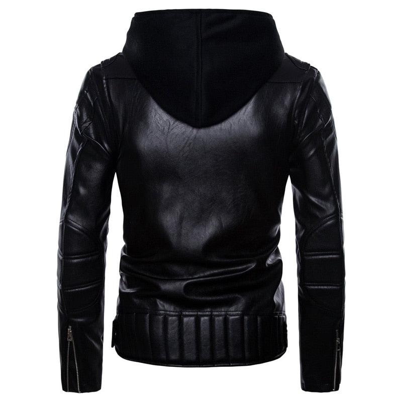 Black Hooded Leather Jacket - Men Fake Two Pieces Zipper Male Leather Jackets And Coat (D100)(TM3)