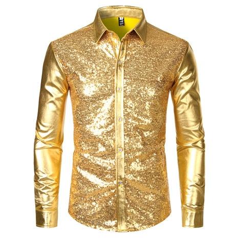 Trending Sequin Glitter Dress Shirt - Men Shiny Long Sleeve Disco Party Dance Shirt (D8)(TM1)