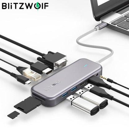 BW-TH8 11 in 1 USB C Data Hub Type C 100W PD USB3.0 SD TF Card Reader 3.5mm Audio 4K HDMI VGA 1000M RJ45 for Laptop (D52)(CA2)(1U52)
