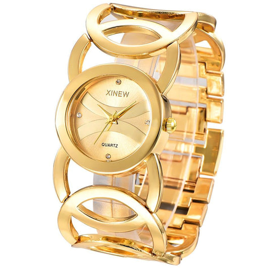 Trending Plated Women Watches Circles Bracelet - Rhinestone Quartz Watch - Stainless Steel (9WH1)(4JW)