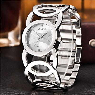 Trending Plated Women Watches Circles Bracelet - Rhinestone Quartz Watch - Stainless Steel (9WH1)(4JW)