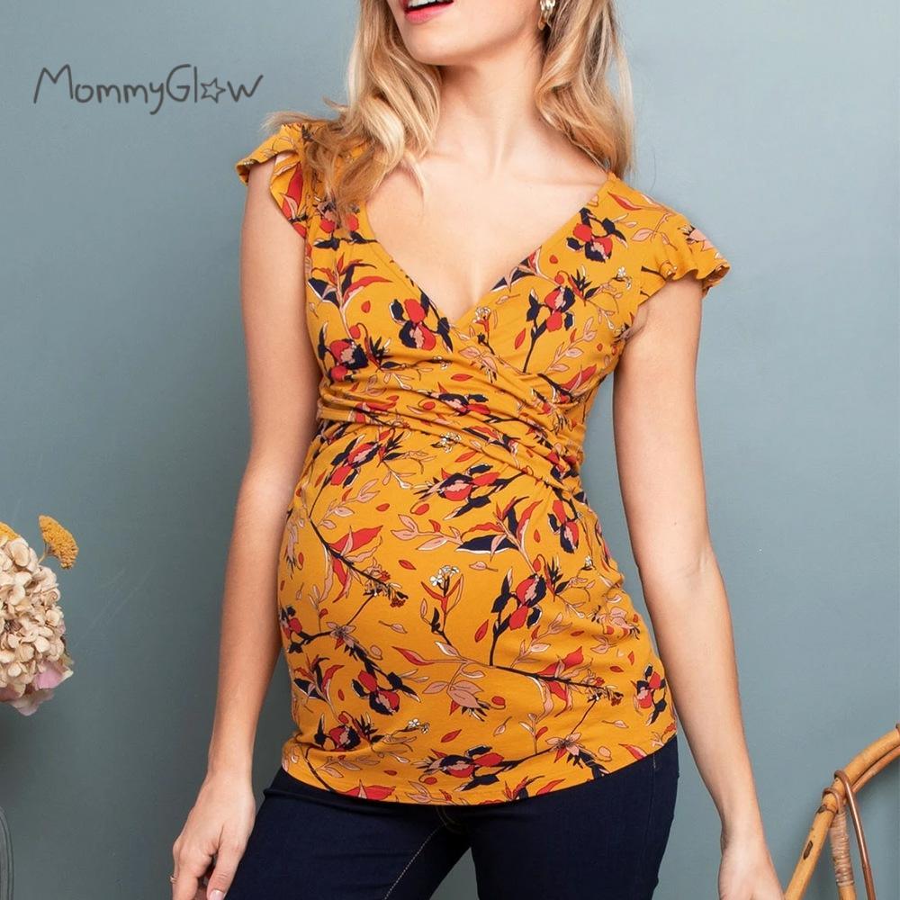 Trending Breastfeeding Maternity Shirt - Sleeveless Summer Printed V Neck Pregnancy Top - For Gorgeous Pregnant Women Nursing (D4)(Z1)