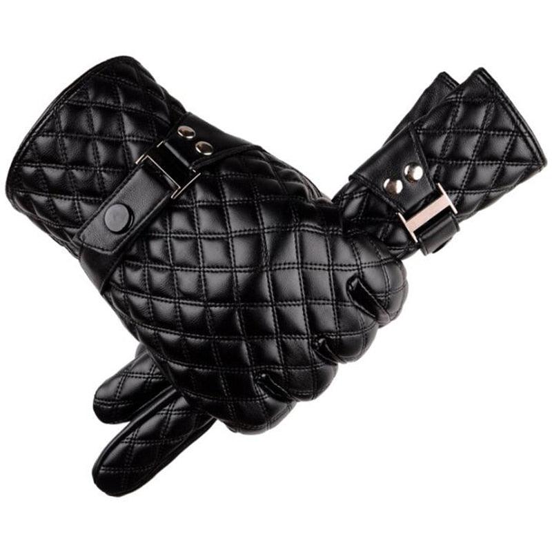 Business Men's Winter Gloves Black Pu Leather Touch Screen Warm Gloves - Windproof Waterproof (4AC1)