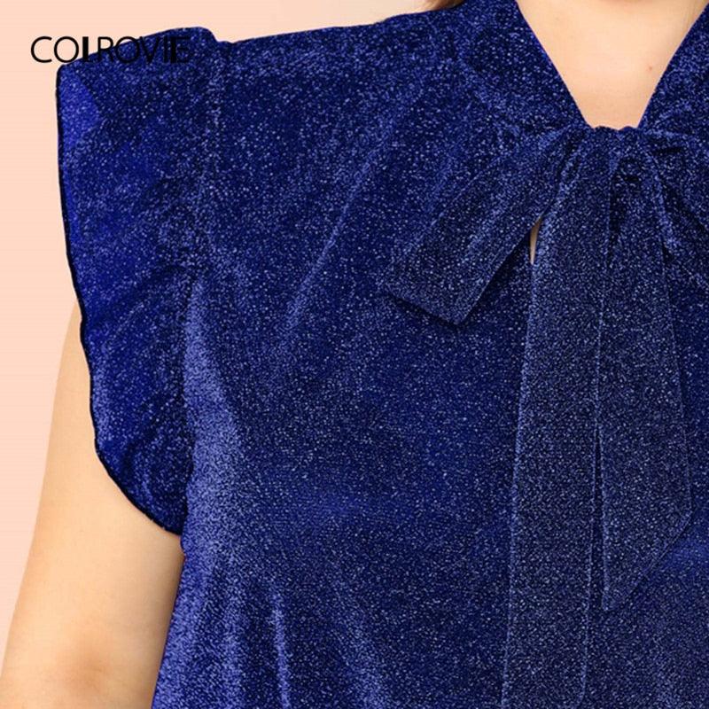 Trending Plus Size Blue Tie Neck Ruffle Armhole Glitter Top - Elegant Blouse - Women Summer Sleeveless Shirt (TB1)(BCD2)(F19)(F35)