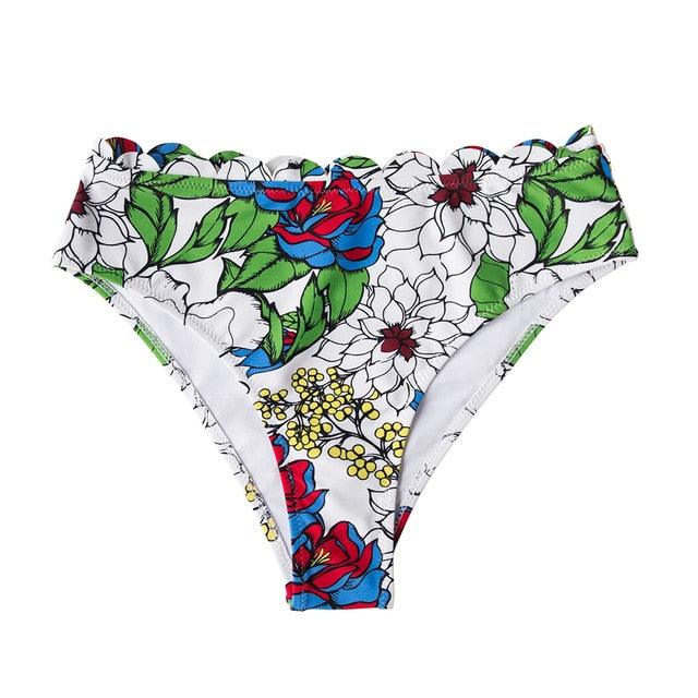 Cute Tropical Floral Scallop Mid Waist Bikini Bottom - Women Sexy Single Panties Briefs (D28)(TSP4)(TB8D)(TSP1)(TSP3)