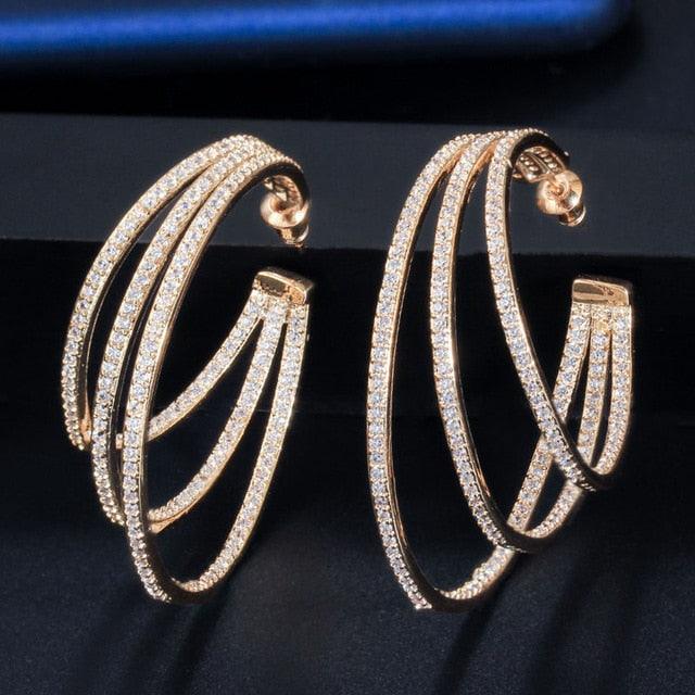 3 Circle Bling Cubic Zirconia Pave Luxury Yellow Gold Color Big Round Geometric Hoop Earrings (D81)(2JW3)