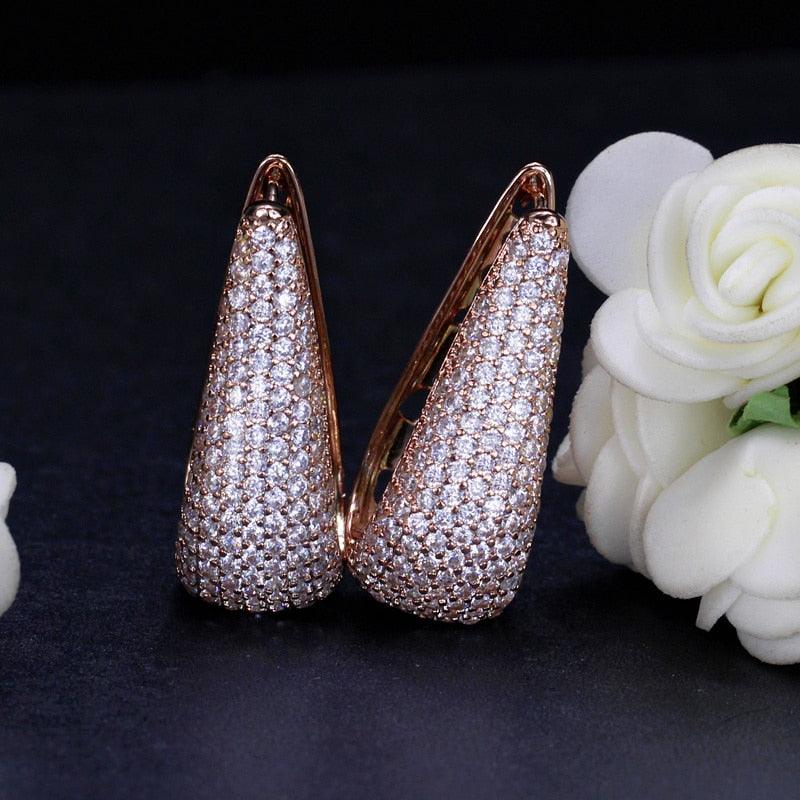 Full Micro Pave Zirconia Stone Gorgeous Rose Gold Color CZ Crystal Women Long Big Hoop Earrings (D81)(2JW3)