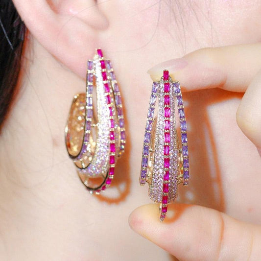 Gorgeous Luxury Geometric Round Circle Purple Pink Cubic Zirconia Crystal Long Big Statement Hoop Earrings (D81)(2JW3)