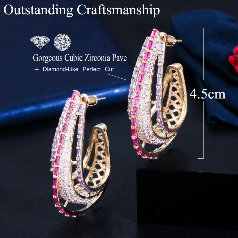 Gorgeous Luxury Geometric Round Circle Purple Pink Cubic Zirconia Crystal Long Big Statement Hoop Earrings (D81)(2JW3)