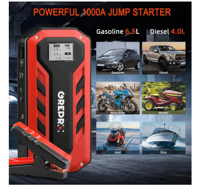 Car Jump Starter 1000A Car Buster 12V Vehicle Emergency Battery - Power Bank Powerful LED Light (D60)(CT6)(CT1)(1U60)