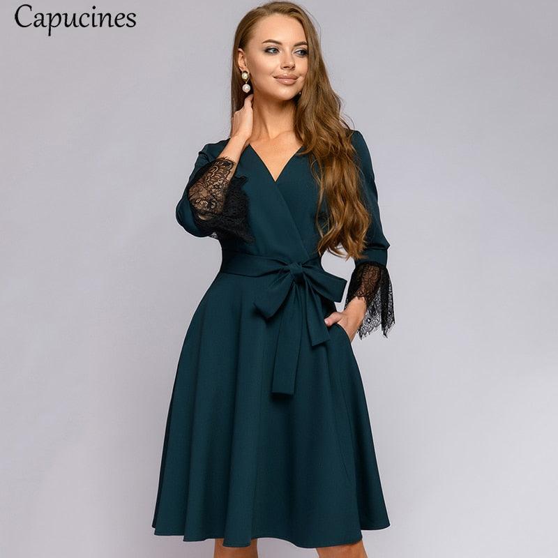 Chic Elegant Lace Stitching V neck Women Dress - Autumn Wrist Sleeves Sashes Pockets Casual Dresses - Office Wear (BWM)(TP5)(F20)(F30)