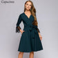 Chic Elegant Lace Stitching V neck Women Dress - Autumn Wrist Sleeves Sashes Pockets Casual Dresses - Office Wear (BWM)(TP5)(F20)(F30)