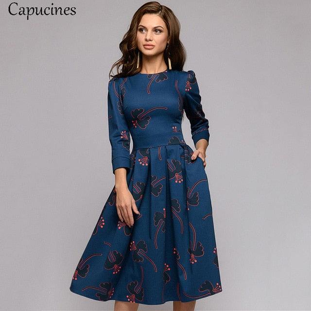 Great Navy Blue 3/4 Sleeves Printed Dress - Women Spring Summer Vintage Pocket A-line Casual Dress (WSO3)(WSO5)(TP5)(BCD1)
