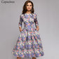 Great Navy Blue 3/4 Sleeves Printed Dress - Women Spring Summer Vintage Pocket A-line Casual Dress (WSO3)(WSO5)(TP5)(BCD1)