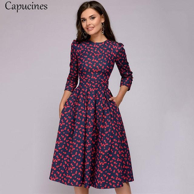 Great Navy Blue 3/4 Sleeves Printed Dress - Women Spring Summer Vintage Pocket A-line Casual Dress (WSO3)(WSO5)(TP5)(BCD1)