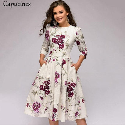 Great Navy Blue 3/4 Sleeves Printed Dress - Women Spring Summer Vintage Pocket A-line Casual Dress (WSO3)(WSO5)(TP5)(BCD1)