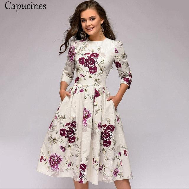 Great Navy Blue 3/4 Sleeves Printed Dress