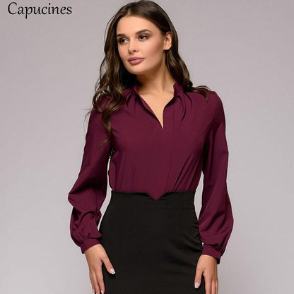 Spring Autumn Stand Collar Pleated Shirt - Women Elegant Solid Long Sleeve Top - Ladies Casual Blouses - Vintage Tops (TB1)(BCD2)(F19)(F35)