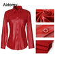 Casual Leather Women Shirt - Long Sleeve Buttons Blouse -Turn-Down Collar - Streetwear Pocket Tops (TB4)