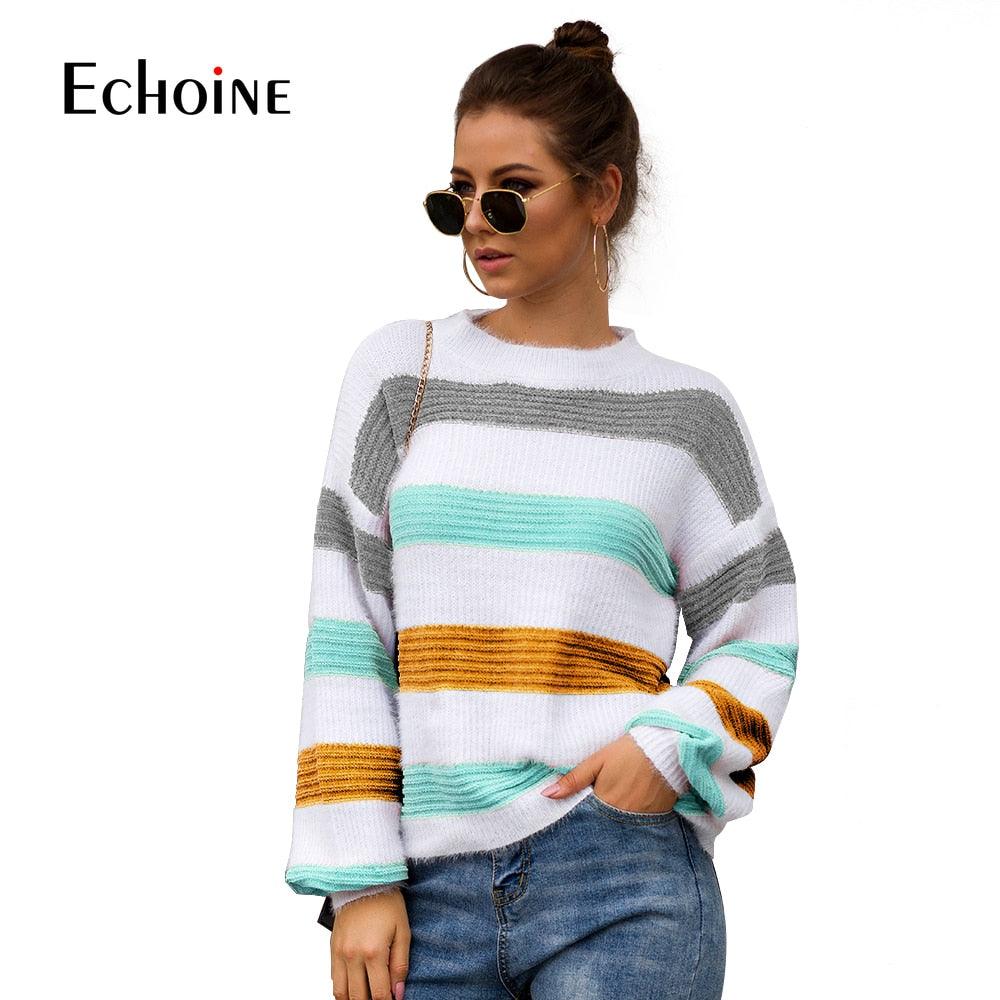 Amazing Rainbow Striped Sleeve Women Sweater - Fall Winter Long Sleeve Knit Loose Pullovers Jumper - Oversized Sweaters (2U23)