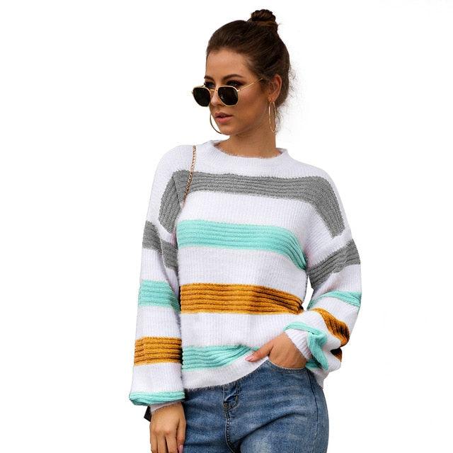 Amazing Rainbow Striped Sleeve Women Sweater - Fall Winter Long Sleeve Knit Loose Pullovers Jumper - Oversized Sweaters (2U23)