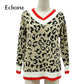 Gorgeous Leopard Sweaters - Slim Women Autumn Winter Clothes - Fashion V-Neck Knitted Long Pullover (1U23)