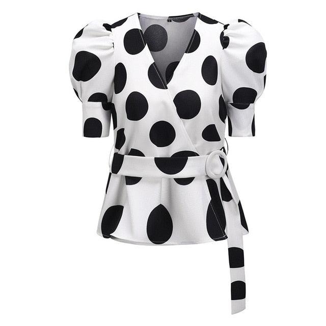 Gorgeous Casual white , Black Blouse - Women Polka Dot Puff Sleeve Tunic V-Neck Wrap Tops Shirt - With Belt (2U19)(2U35)