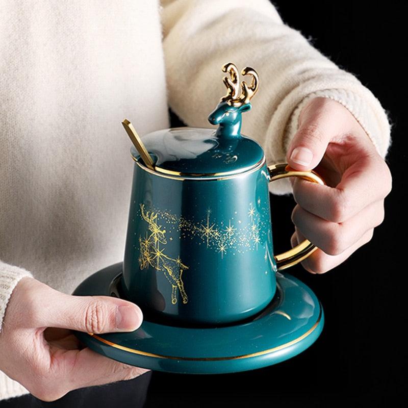 Ceramic Coffee Cup With Lid And Spoon Set Cup With Milk Afternoon Tea Christmas Creative Gift (1AK1)