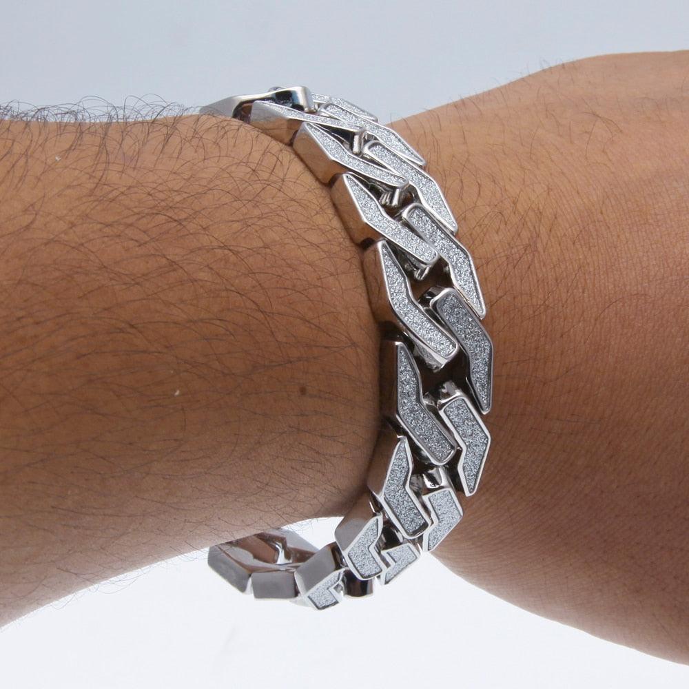 Charm Sand Blast Bracelet Cuban Chain - Men Bling 8.5'' Bracelets Fashion Jewelry (MJ3)(F83)