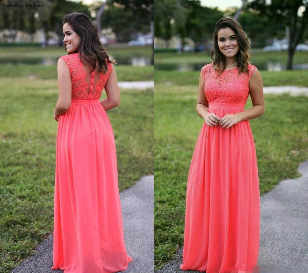 Amazing Chiffon Coral Bridesmaid Dress - Illusion Long Gala Garden Formal Dress -Wedding Party Guest - Plus Size (WSO3)(WSO2)