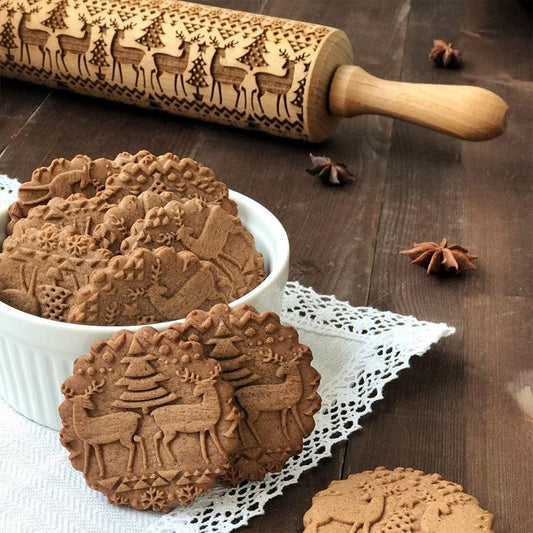 Christmas Deer Cartoon Baking Rolling pin Cake Biscuit Fondant Dough Engraved Roller - Fortune Cookies - Cookie Day(D61)(AK4)(AK2)