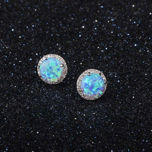Classic 925 Sterling Silver Stud Earrings - Round White Pink Blue Opal Earrings - Cubic Zirconia Jewelry (2U81)