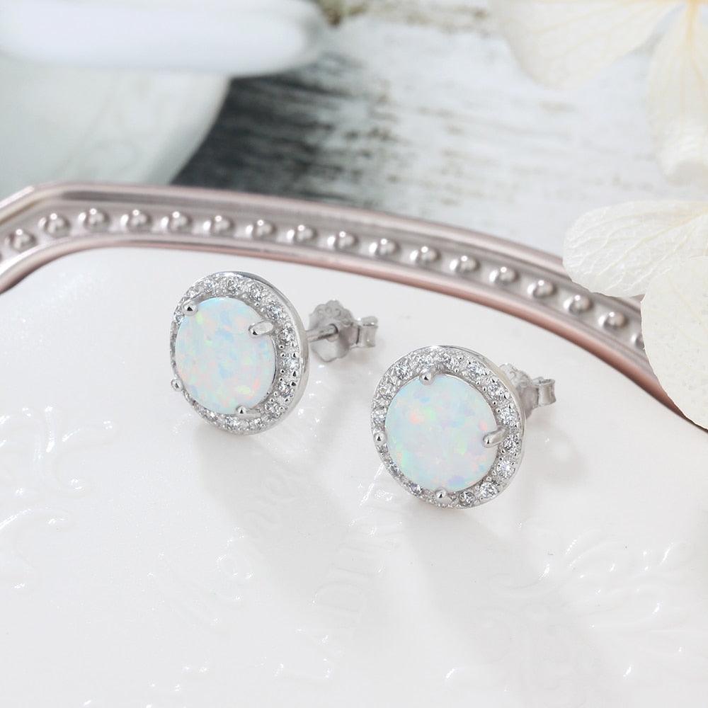 Classic 925 Sterling Silver Stud Earrings - Round White Pink Blue Opal Earrings - Cubic Zirconia Jewelry (2U81)