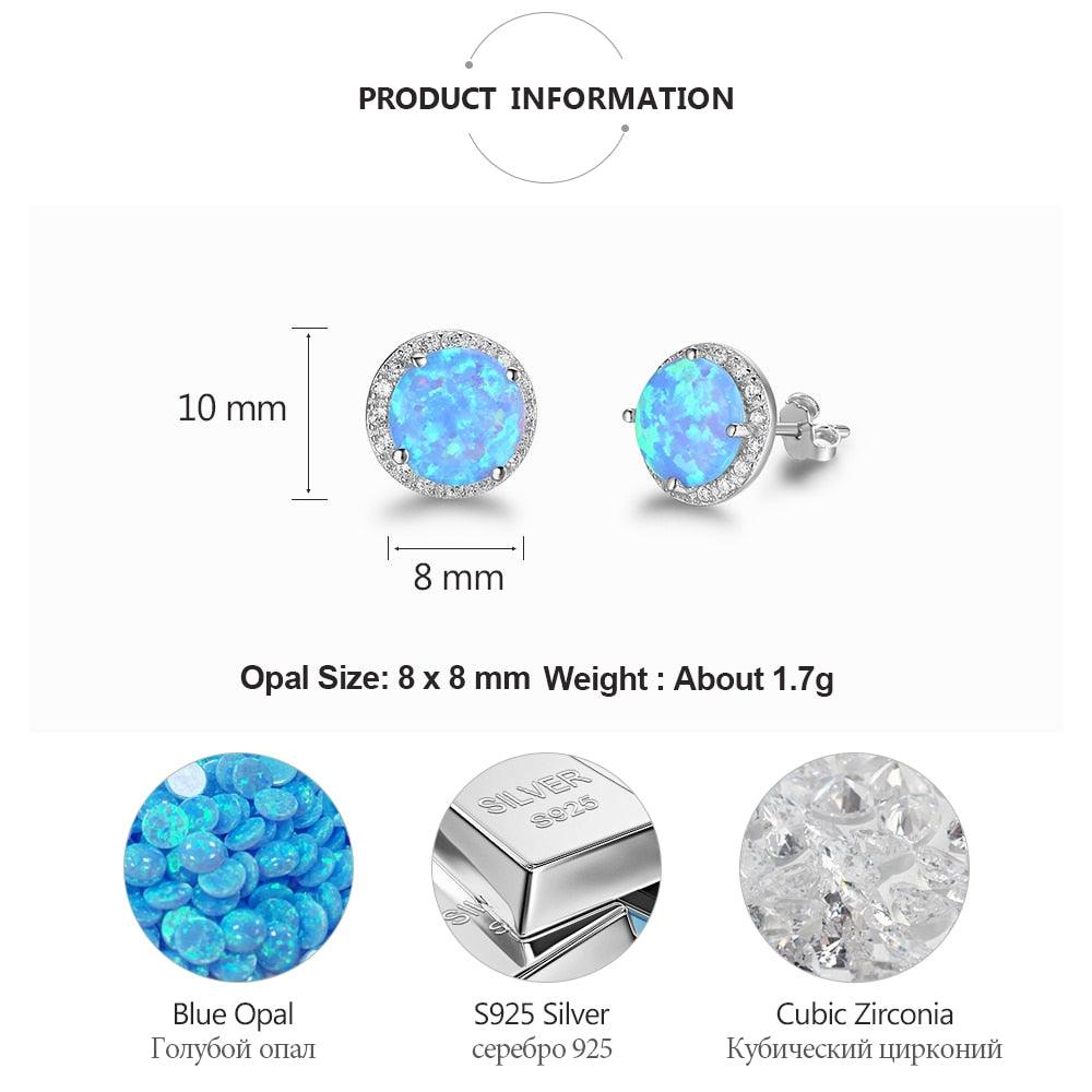 Classic 925 Sterling Silver Stud Earrings - Round White Pink Blue Opal Earrings - Cubic Zirconia Jewelry (2U81)