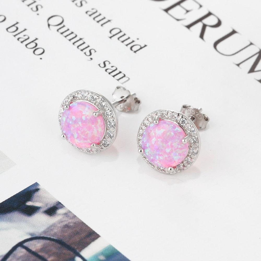 Classic 925 Sterling Silver Stud Earrings - Round White Pink Blue Opal Earrings - Cubic Zirconia Jewelry (2U81)