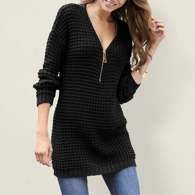 Gorgeous Zippers Oversized Women's Jumper - Chic Sweater - Winter Warm Slim Tunic Deep V Neck Office Ladies Sweaters (TB8C)(TP4)(BCD2)(F20)(F23)(F35)