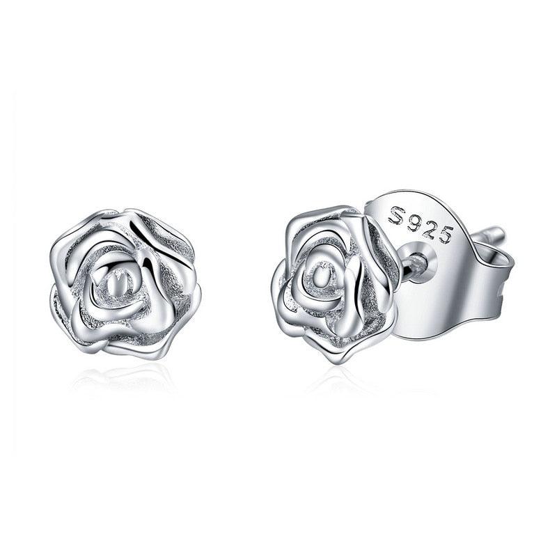 Authentic 925 Sterling Silver Romantic Rose Flower Stud Earrings (2JW1)
