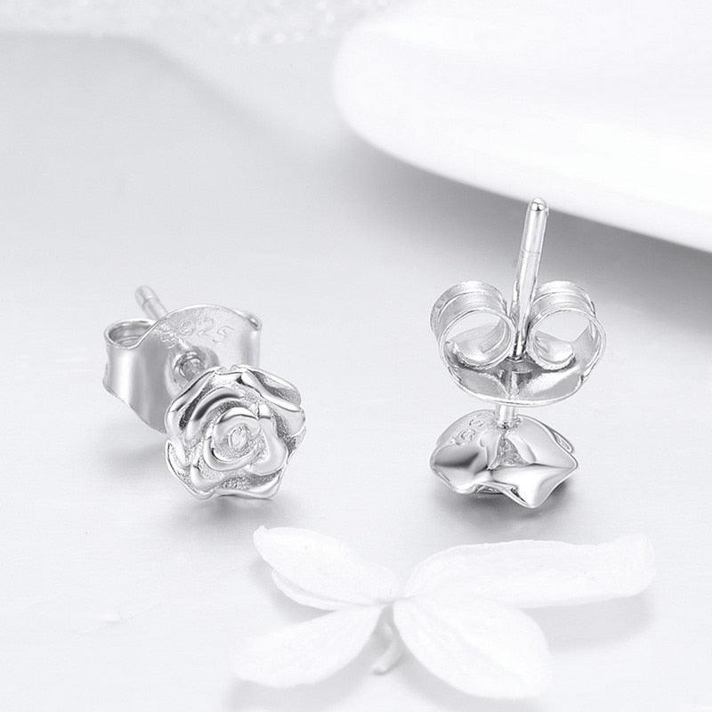 Authentic 925 Sterling Silver Romantic Rose Flower Stud Earrings (2JW1)