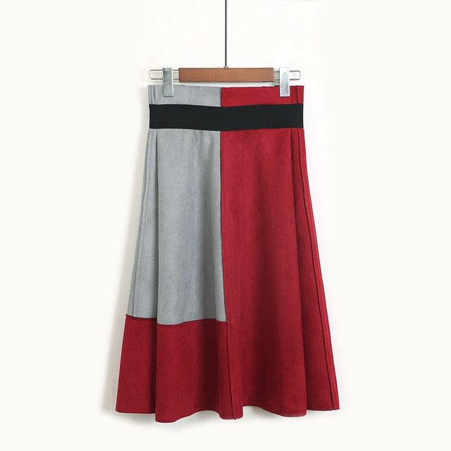 Trending Women Suede Midi Skirt - Autumn Winter Vintage Patchwork Pleated Elegant Ladies Skirt (TB7)(TP6)(F22)(F20)