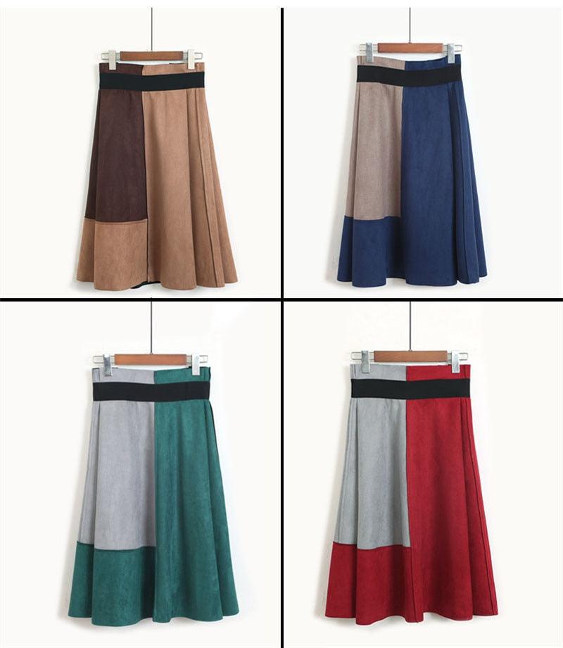Trending Women Suede Midi Skirt - Autumn Winter Vintage Patchwork Pleated Elegant Ladies Skirt (TB7)(TP6)(F22)(F20)