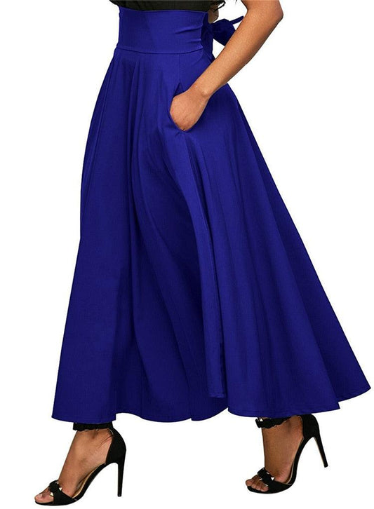 Women Slit Long Maxi Skirt - Vintage Ladies Fashion Pleated Flared Pockets Lace Up Skirt - Plus Size (TB7)(F22)