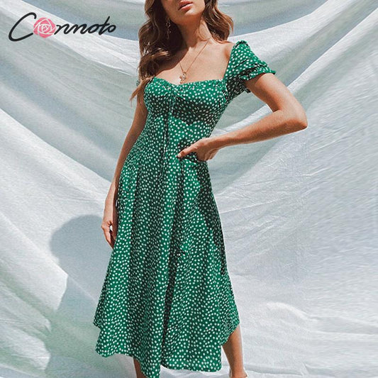 Beautiful Summer Vintage Party Dress - Square Collar Ruffle Elegant Sexy Dress - Beach Floral Print Mid Dresses (WS06)(F18)