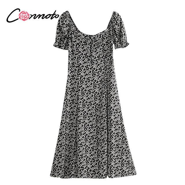 Beautiful Summer Vintage Party Dress - Square Collar Ruffle Elegant Sexy Dress - Beach Floral Print Mid Dresses (WS06)(F18)
