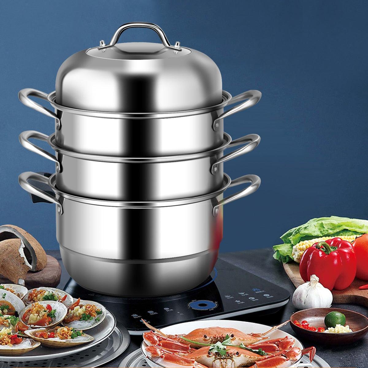 Costway 3 Tier 11 Inch Stainless Steel Steamer Set Cookware Pot Sauce pot Double Boiler (AK1)(1U61)