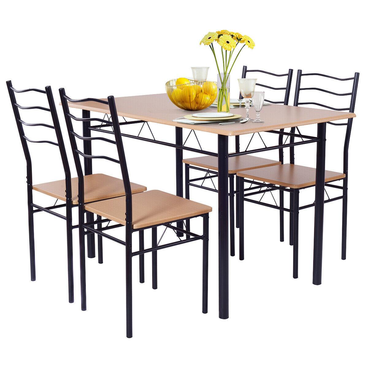 5 Piece Dining Table Set with 4 Chairs Wood Metal Kitchen Breakfast Furniture (FW1)(1U67)
