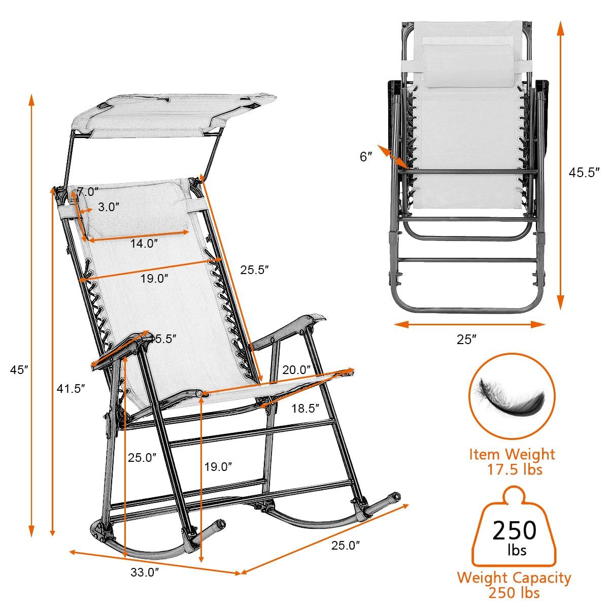 Folding Rocking Chair Rocker Porch Zero Gravity Furniture Sunshade Canopy Orange (FW2)(1U67)