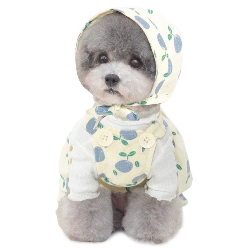 Cotton Dog Jumpsuit - Hat Cap Puppy Small Dog Clothes- Yorkshire Pomeranian Clothing Overalls (W5)(W7)
