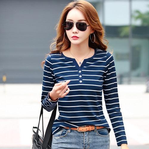 Cotton Women T-Shirt -Women Long Sleeve Striped Top - Female Clothing Fashion Top - Lady V-neck - Plus Size (TB2)