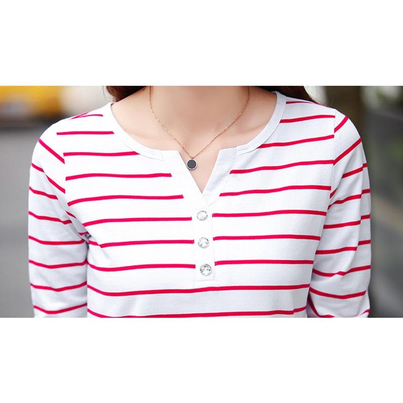 Cotton Women T-Shirt -Women Long Sleeve Striped Top - Female Clothing Fashion Top - Lady V-neck - Plus Size (TB2)