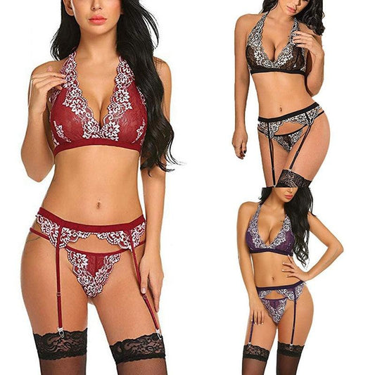 Couple Sexy Lingerie Set - Sexy Hollow Perspective Two Color Suit - Exotic Three-piece Suit (1U29)